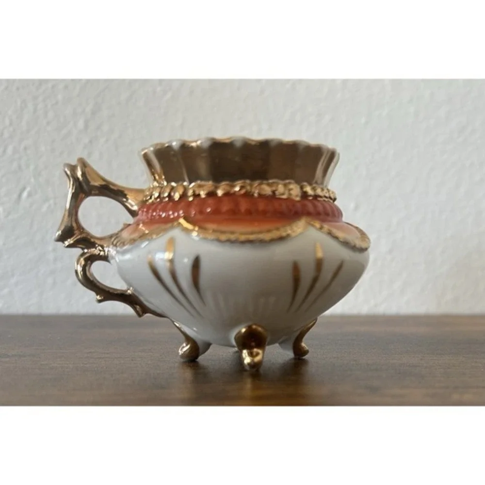 2-PC Vintage‎ Mini Vase Floral Gold Handle Numbered & Porcelain Pedestal Bowl